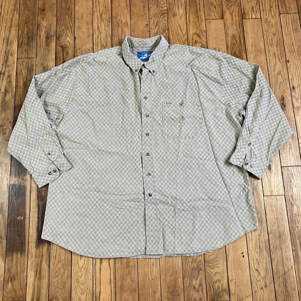 Vintage Grand Isle Mens 4X Button Down Shirt Tan Beige Checkered Cotton Compass